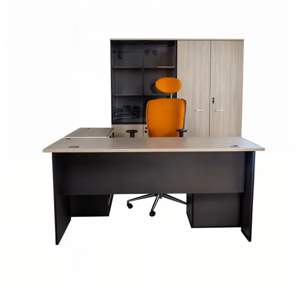 Bureau avec retour et caisson et pieds en bois