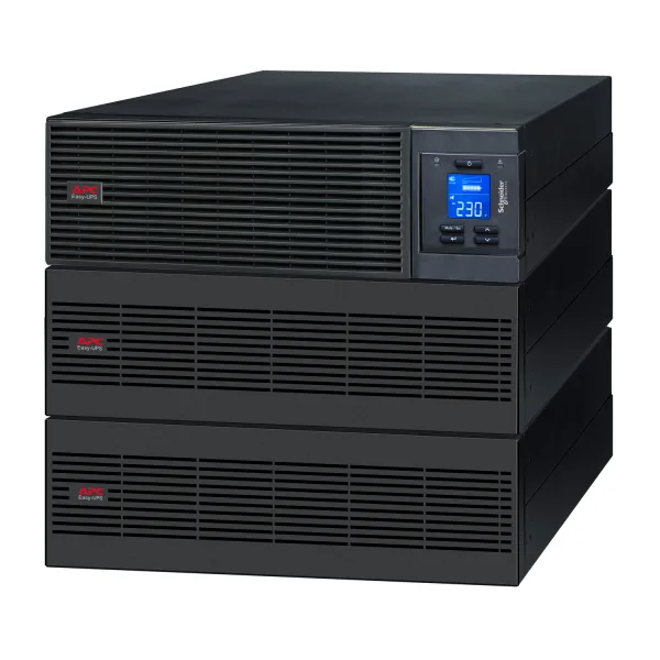 APC Easy UPS On-Line, 15 kVA/15 kW, Montage en Rack 9U, 230V, Connexion câblée 3 fils (1P+N+E), Emplacement pour carte intelligente, Écran LCD, Autonomie extensible, Avec kit de rails – SRV15KRILRK